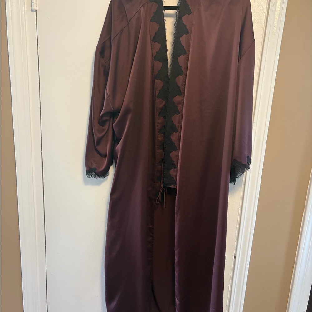 Victoria’s Secret Long Satin-like Robe in Deep Plum with Black Lace Trim